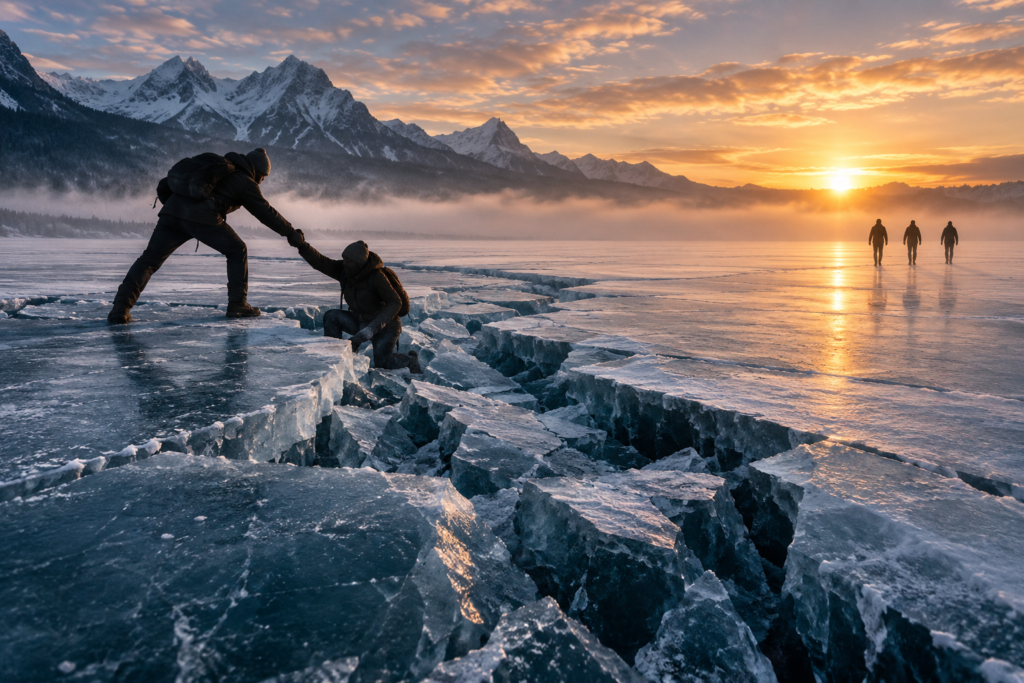 Two hikers helping each other across cracked lake ice at sunrise, mountains in background