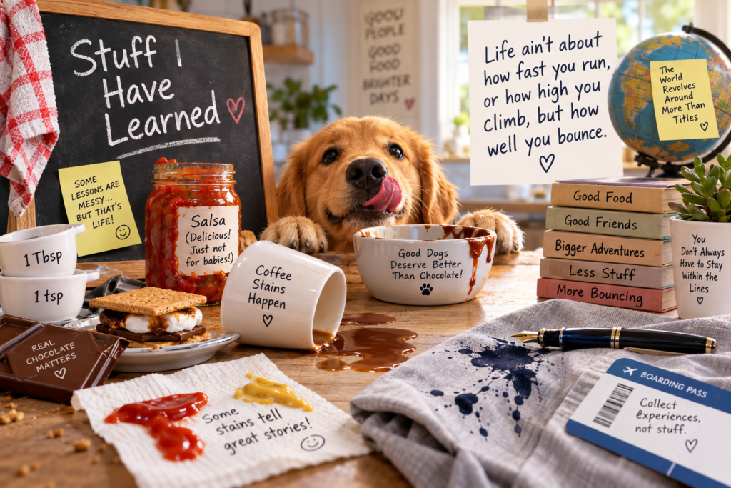 Golden retriever with tongue out beside a chalkboard reading Stuff I Have Learned, surrounded by kitchen mishap notes and a stack of books